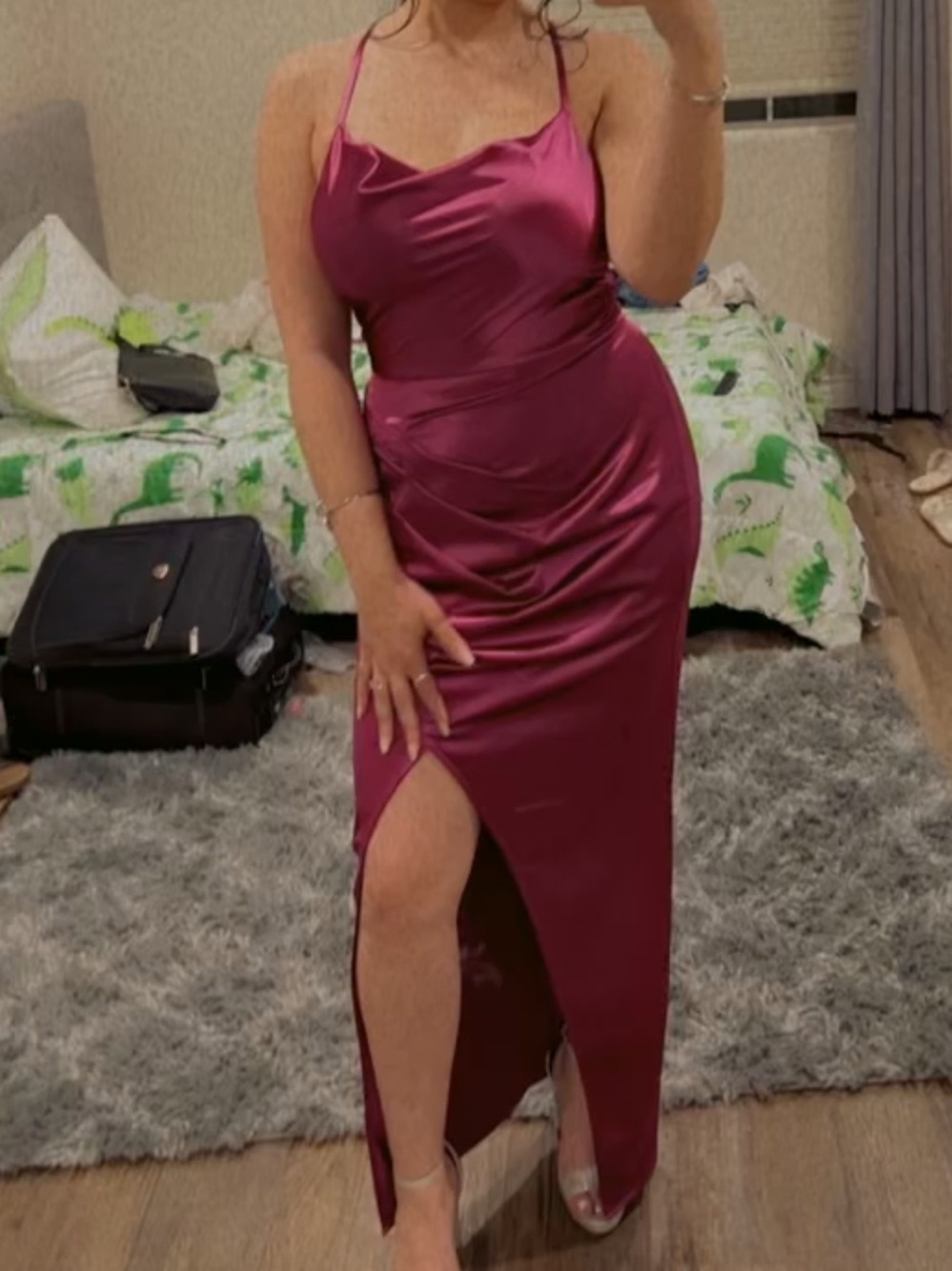Macy's Satin Cowl Neck Spaghetti Strap Maxi Dress in Wine